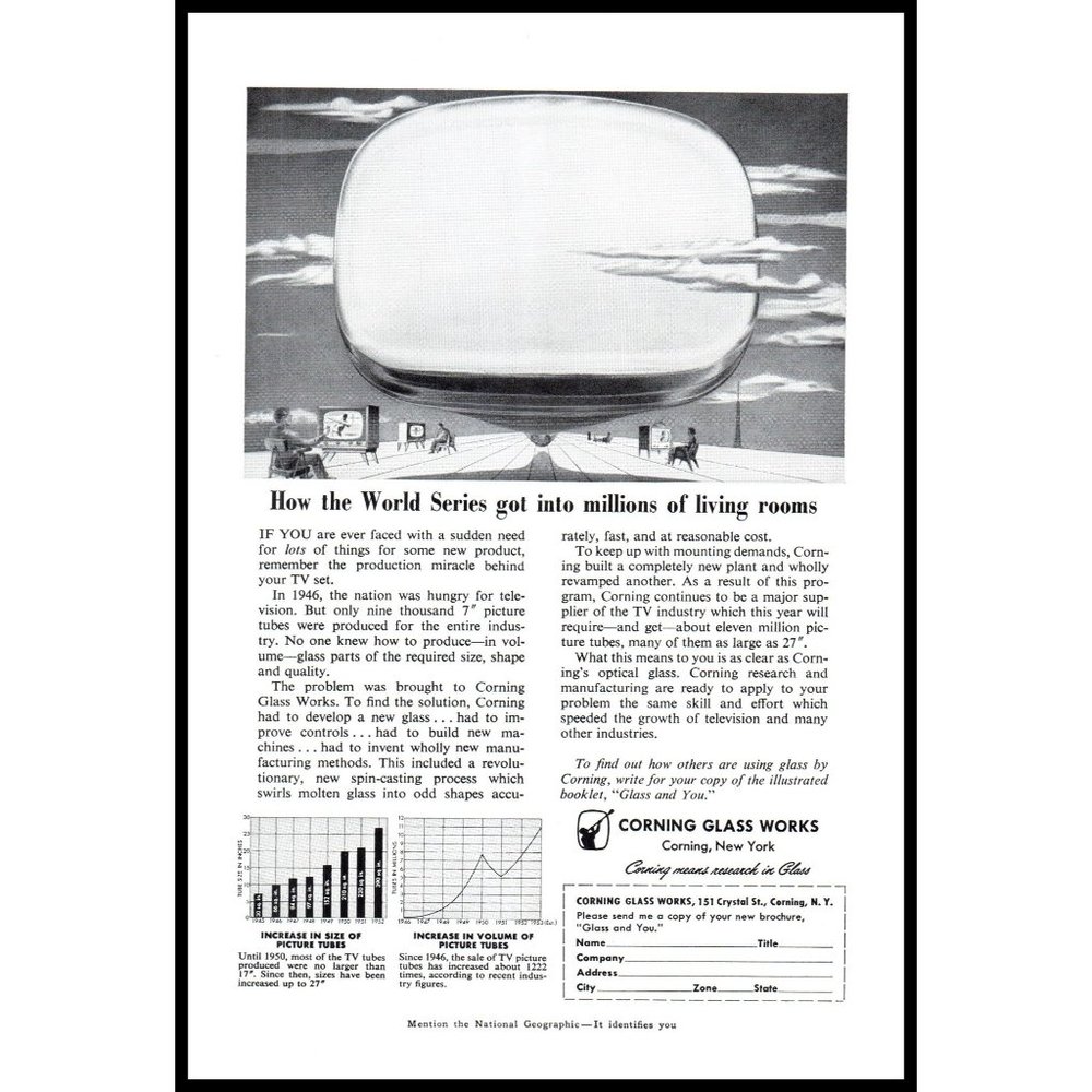 1953 Corning Glass Works Television TV Vintage Print Ad Futuristic Wall Art